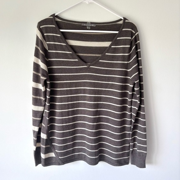 Smartwool Brown Cream Multi Striped V Neck Sweater Merino Wool - Picture 1 of 14